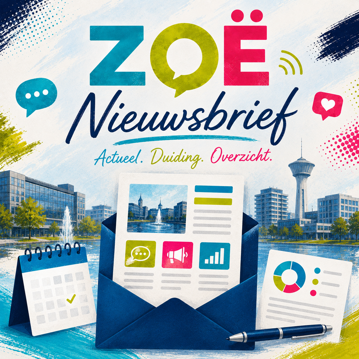 Artwork voor ZOË Nieuwsbrief met de onderregel Actueel. Duiding. Overzicht.